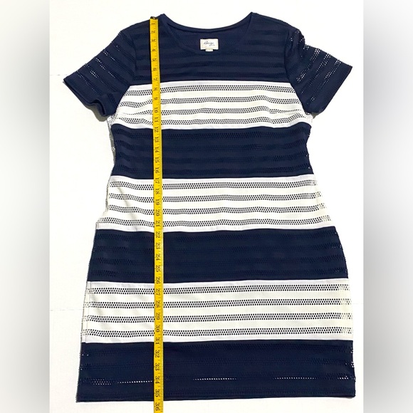 Beige by ECI Womens L Navy Blue White Stripe Short Sleeve Straight Dress Classic - Picture 10 of 12